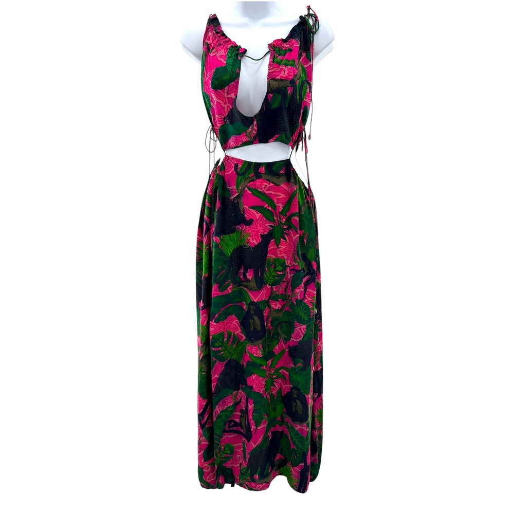 La Fuori Pink Green Silk Tropical Jungle Monkey Cutout Maxi Dress S Tropical